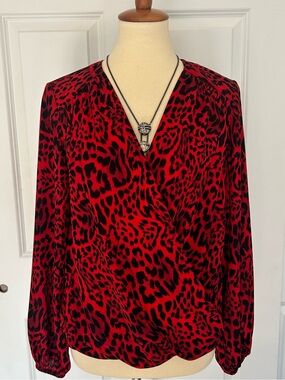 INC International Concepts Red and Black Leopard Print Faux Wrap Blouse